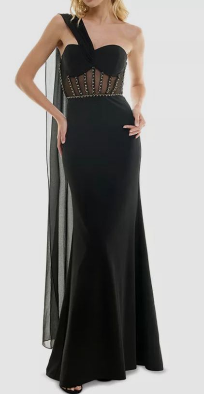 City Studios Women’s Junior’s Black Illusion-Bodice With Flyaway Cape Size 3/4