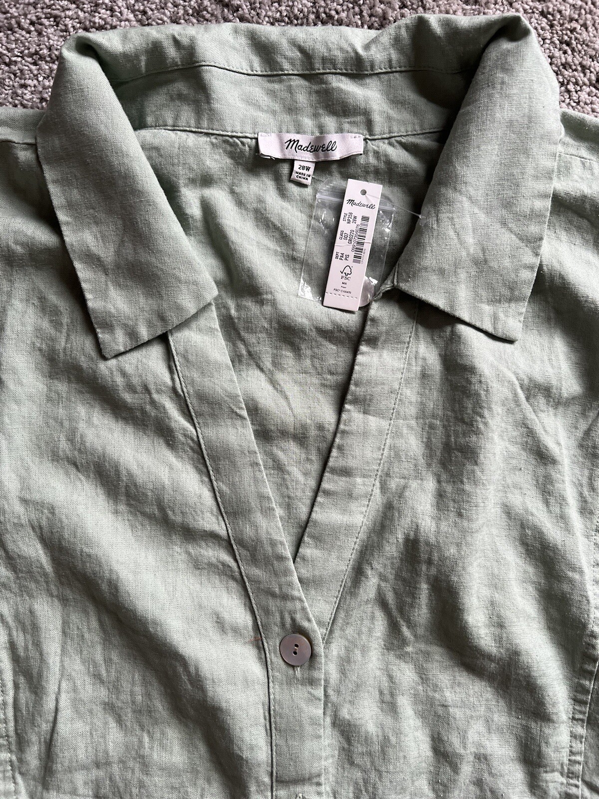 Madewell Short-Sleeve Button-Front Midi Shirtdress Dress 28W Linen Mint NP358