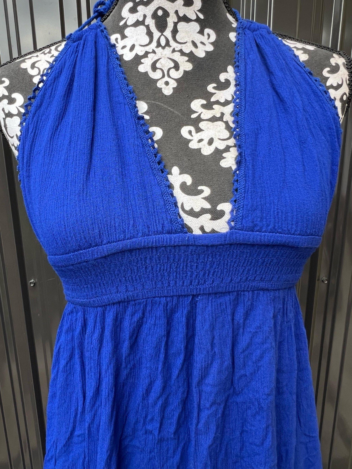 Forever 21 Women’s Blue S Maxi Dress V-Neck Halter Smocked Backless Tassel