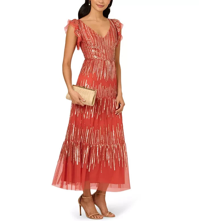 Adrianna Papell Beaded Mesh Tiered Dress MSRP $299 Size 10 # 12A 2577 Blm