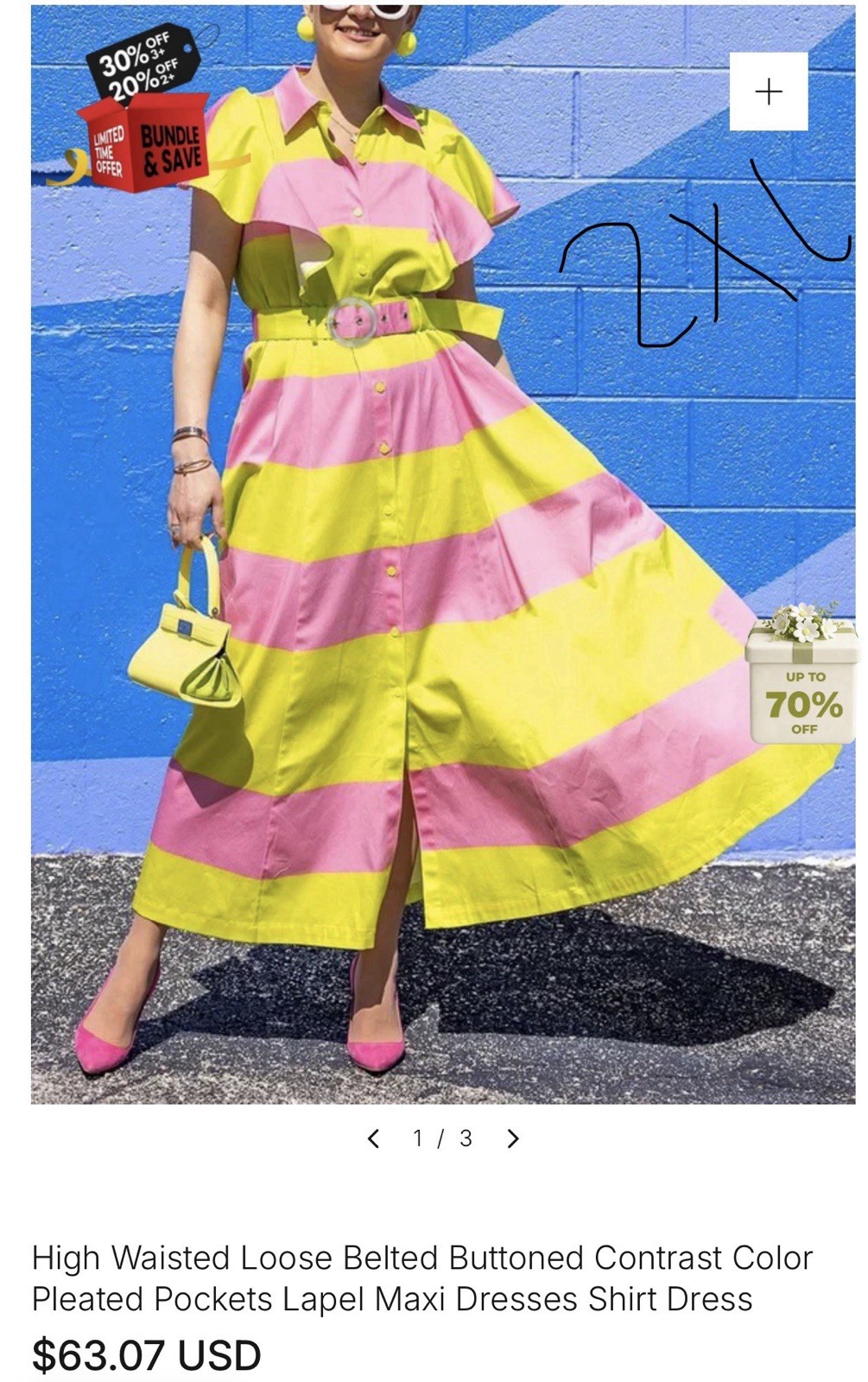 Women’s Yellow Pink Striped Collared Button Belted Maxi Shirt Dress 2xl