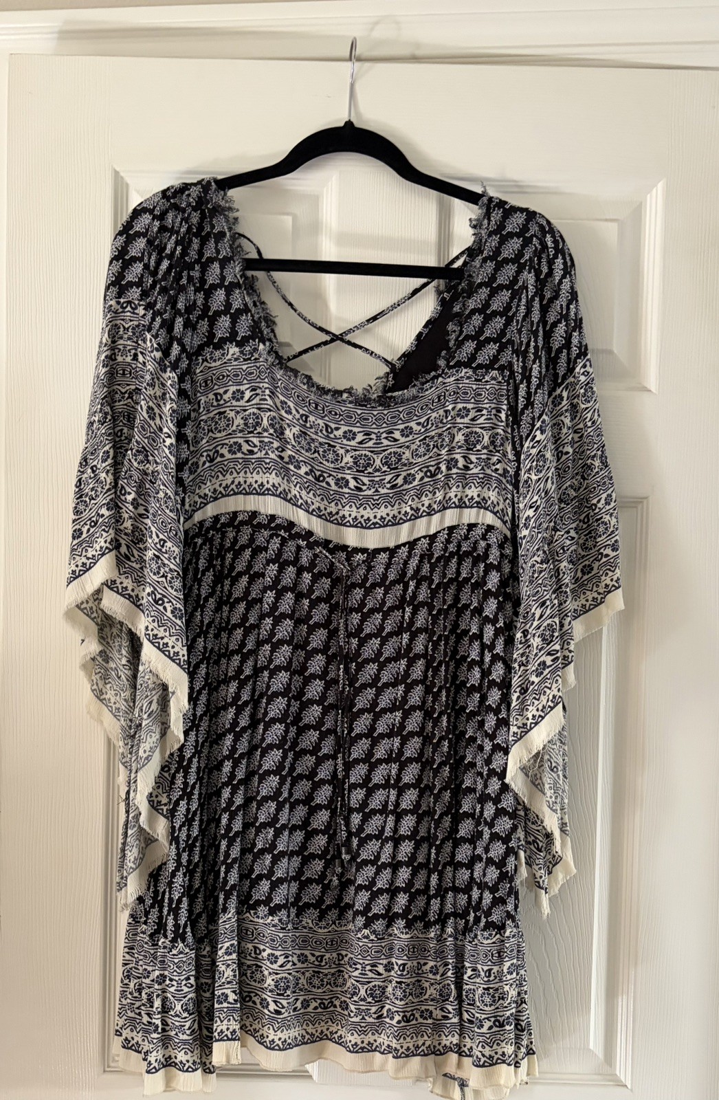 Free People Heart of Gold Angel Sleeve Mini Dress Black/white Boho Gypsy XSmall