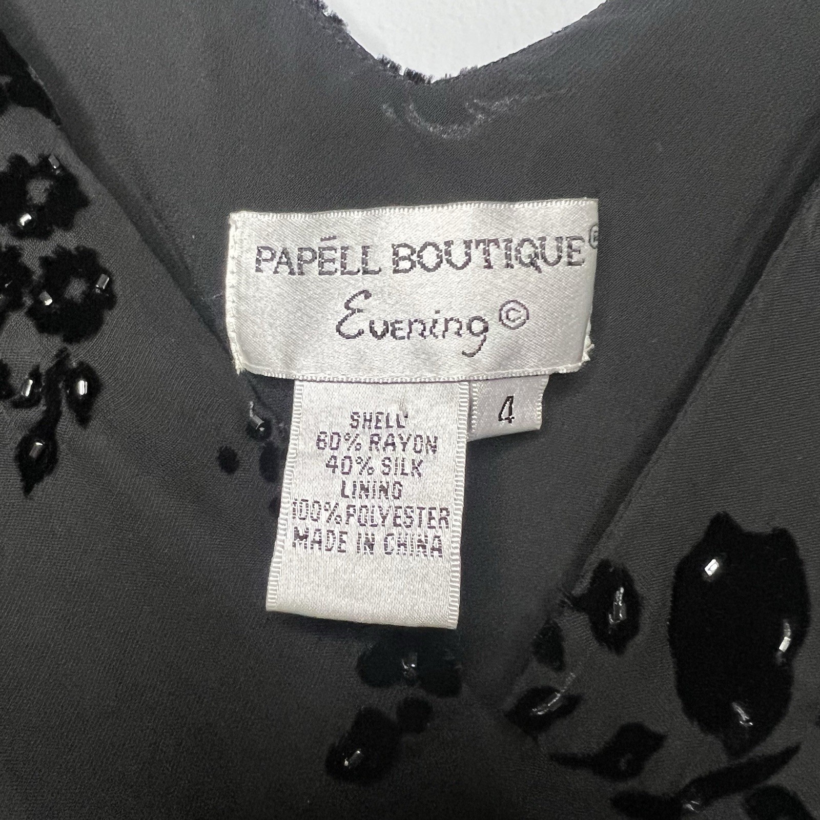 Papell Boutique Evening Dress Size 4 Velvet Silk Black Beaded Cocktail Party