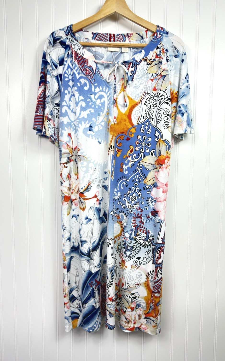 Chico’s 1 (S) Multicolor Burnout Floral Paisley Print Shift Dress Tie Neckline