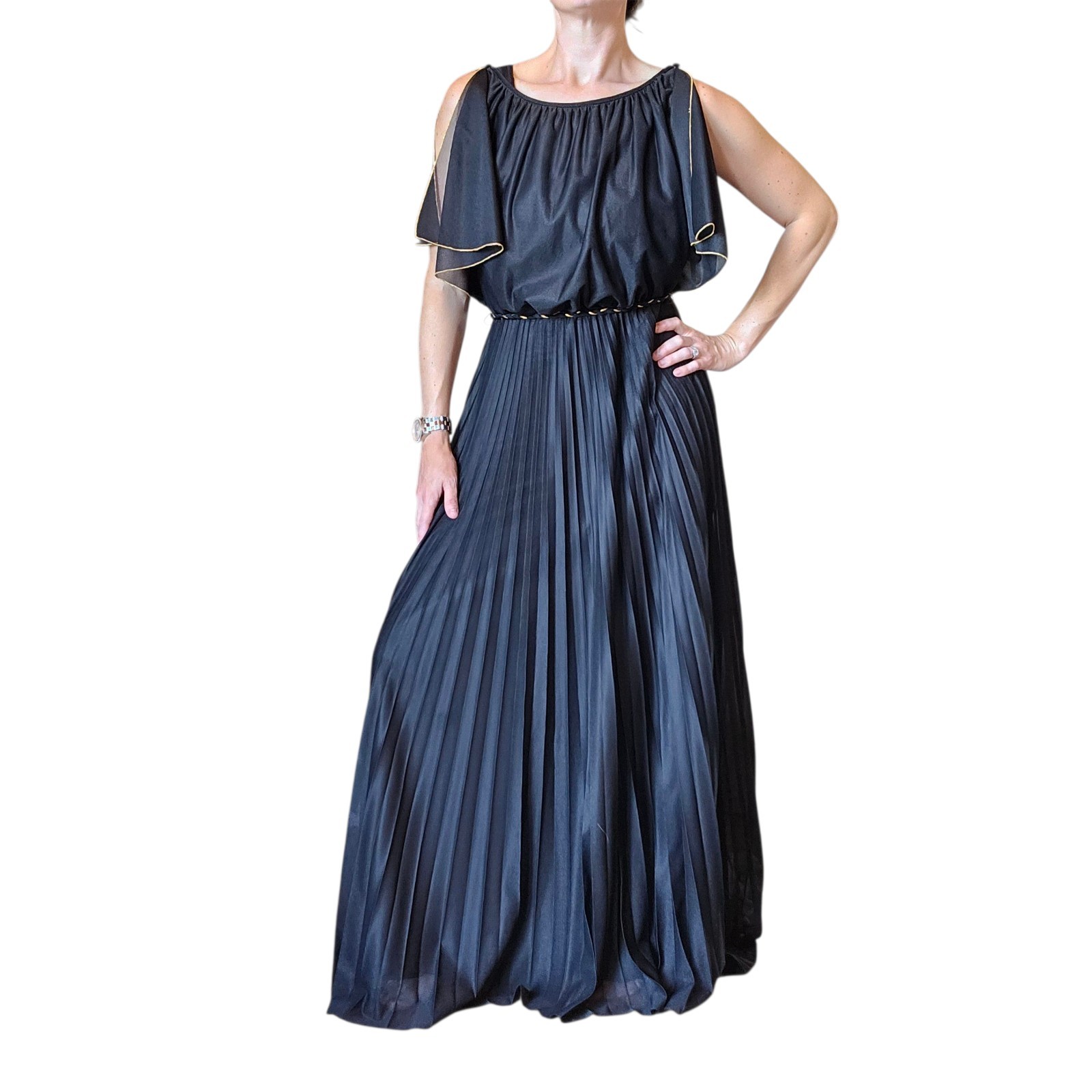 VTG Black Fairy Goddess Long Dress Formal Floor Length Sz 6 Greecian Party Belt