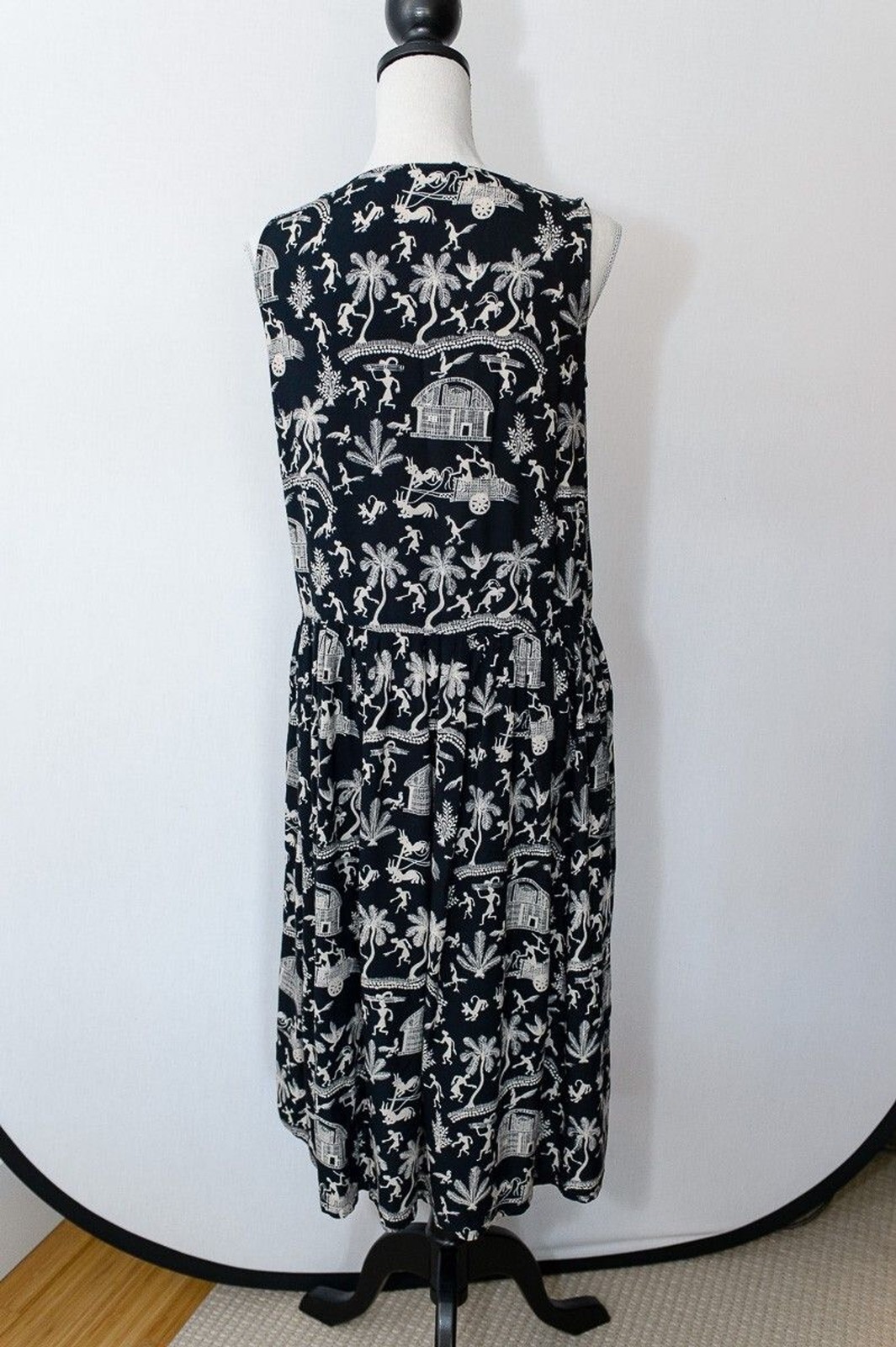 Primitives Dress Small black print maxi palms birds animals lagenlook artsy boho