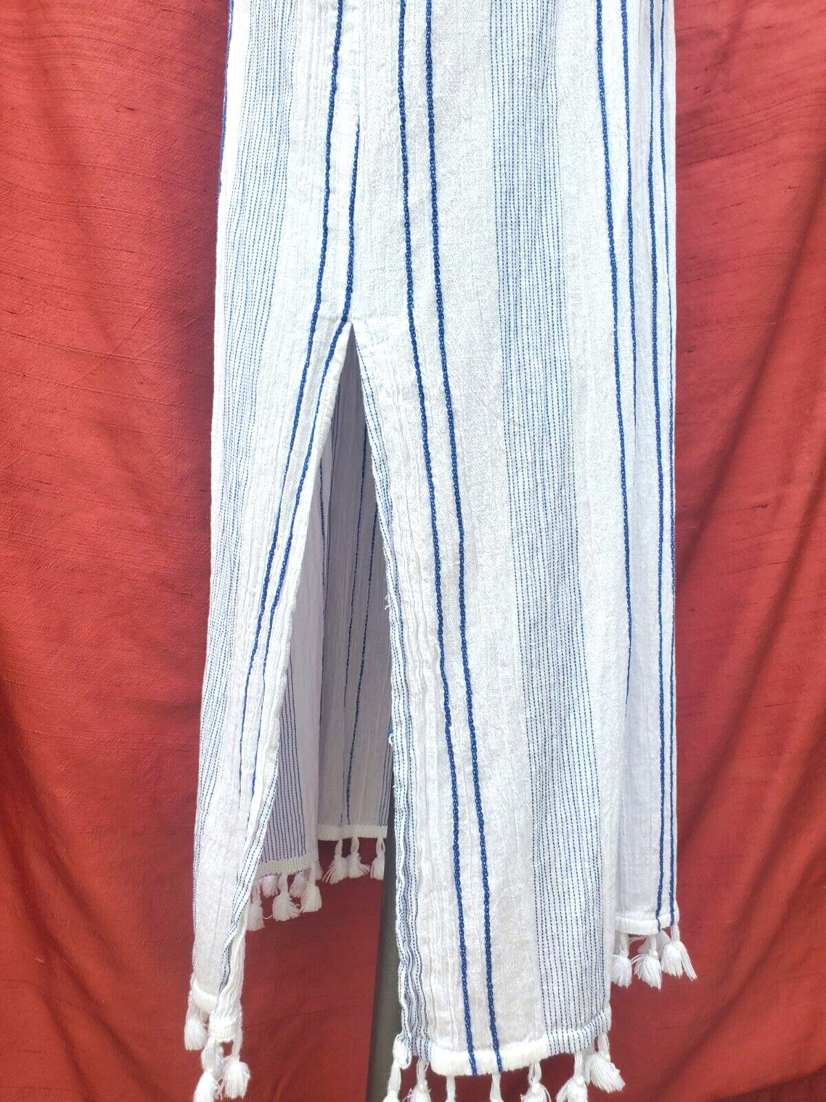LULUS white & blue striped pullover maxi Dress medium TASSLES tied waist cotton