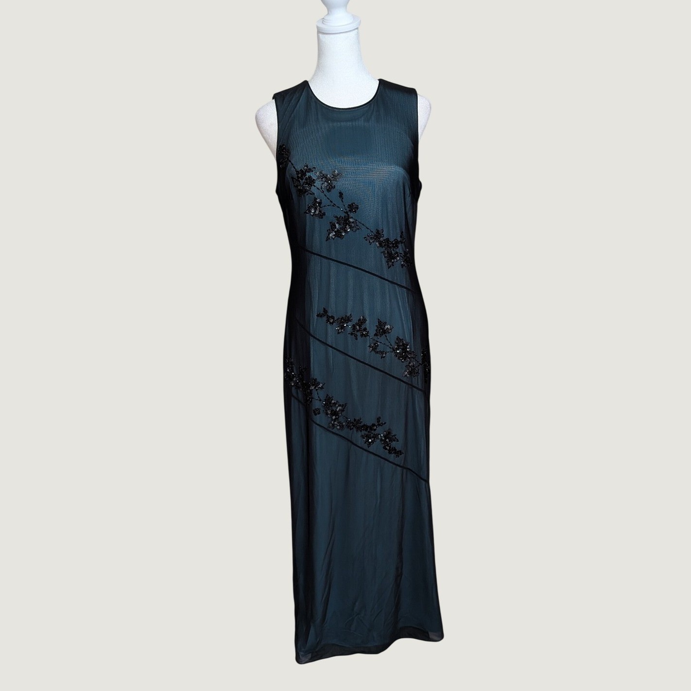 Rimini 90s Vintage Whimsigoth Black Teal Beaded Mesh Maxi Dress 6 Petite