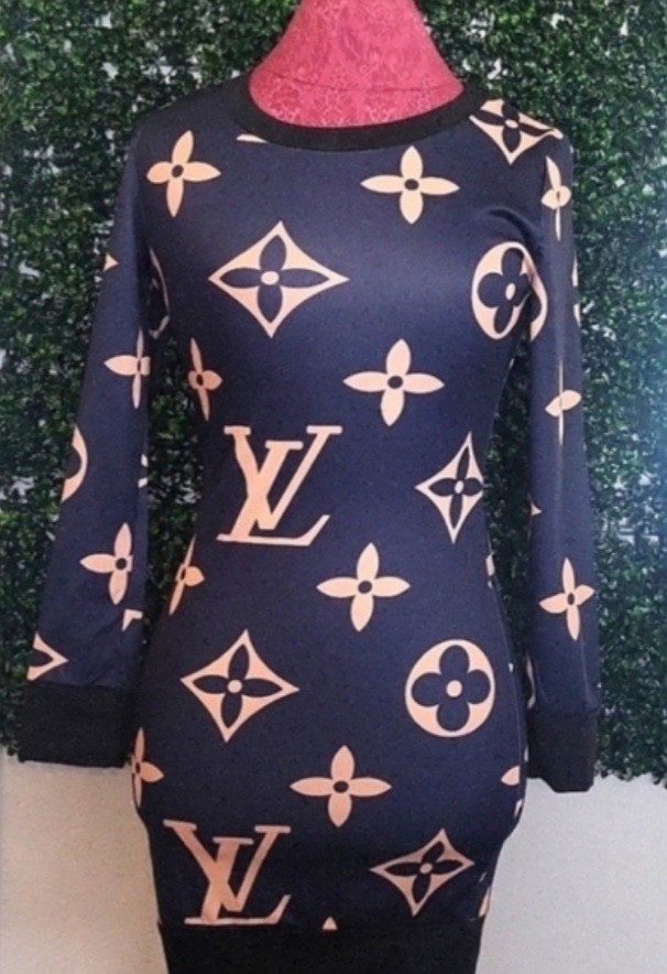TAN/NAVY BLUE/BLACK DESIGNER DIAMOND FLOWER MINI DRESS/LONG TOP SIZE: S!