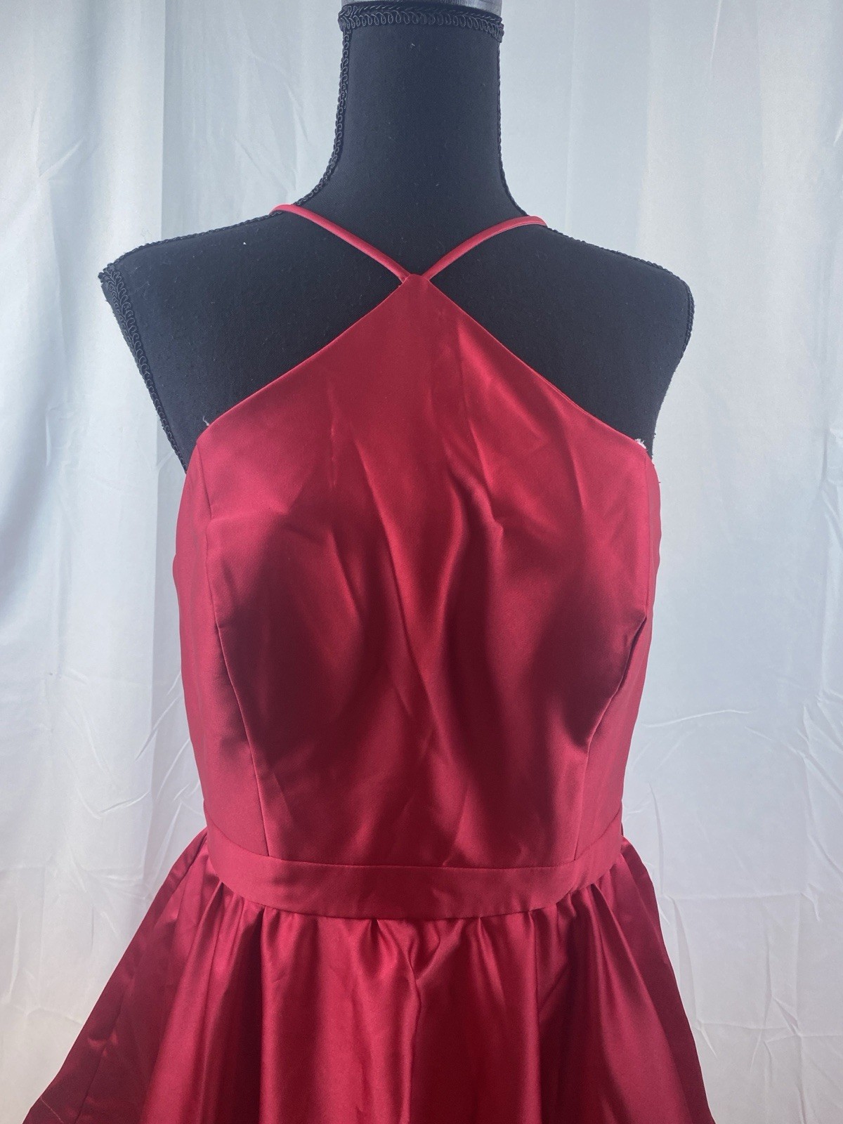 Blondie Nites Juniors Size 9 Red Y Neck Red Satin Fit N Flare Mini Dress Pockets