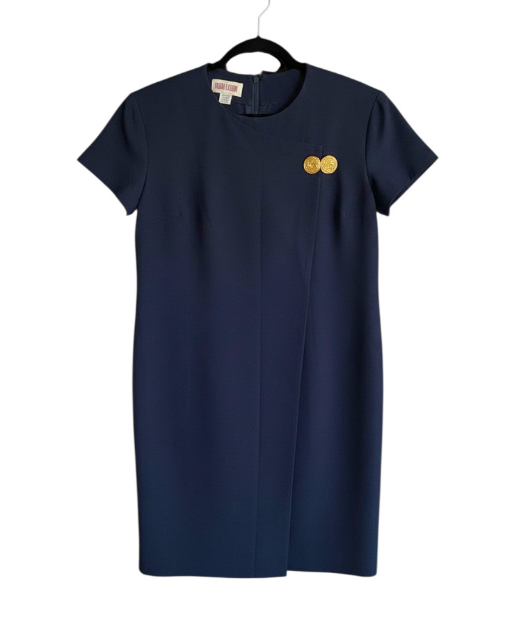 VTG Maggie London NAVY BLUE CREPE SHIFT DRESS Cheongsam Gold Buttons 6/8/10/M