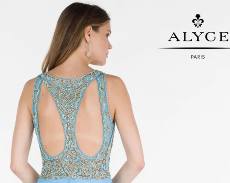 NWT Alyce Paris Gold Beaded Cutout Back Gown Dress Sz 000 White Sweep Train