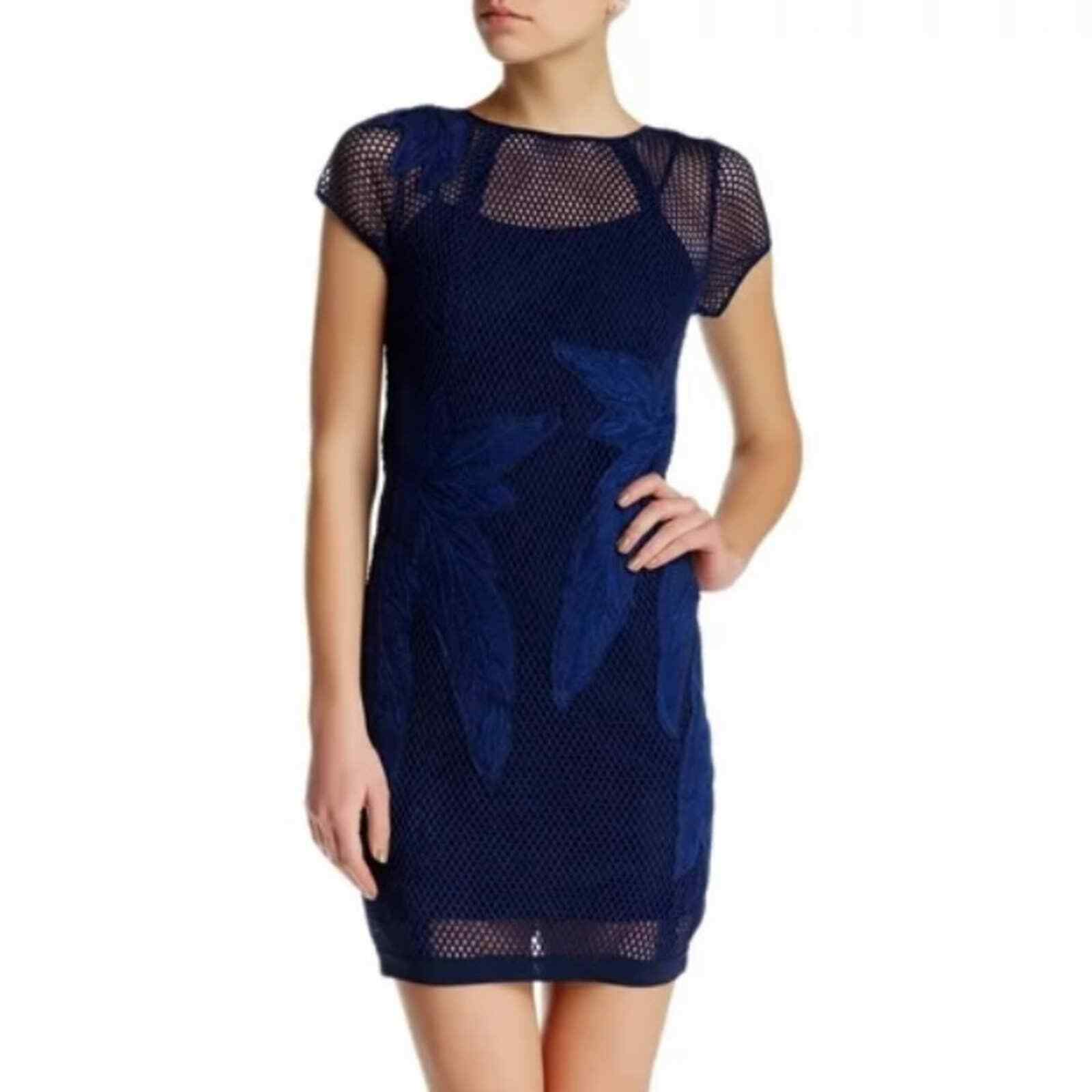 REBECCA MINKOFF 8 Ivy Leaf Embroidered Appliqué Mesh Mini Dress Indigo