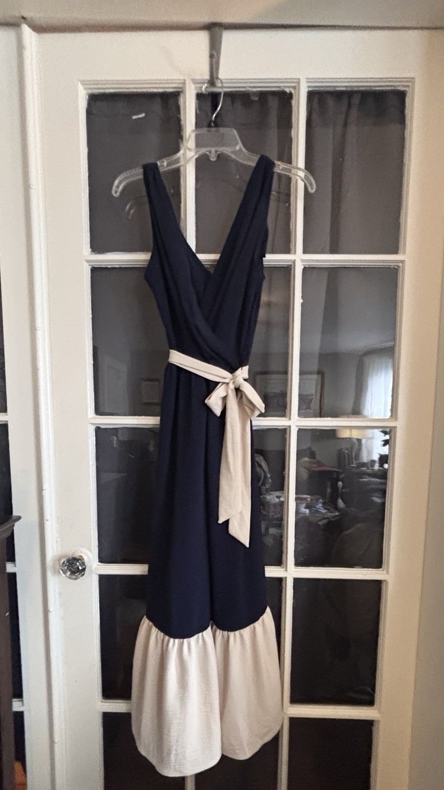 Navy/Cream Sleeveless Midi Fit & Flare Dress V-Neck Colorblock Belted
