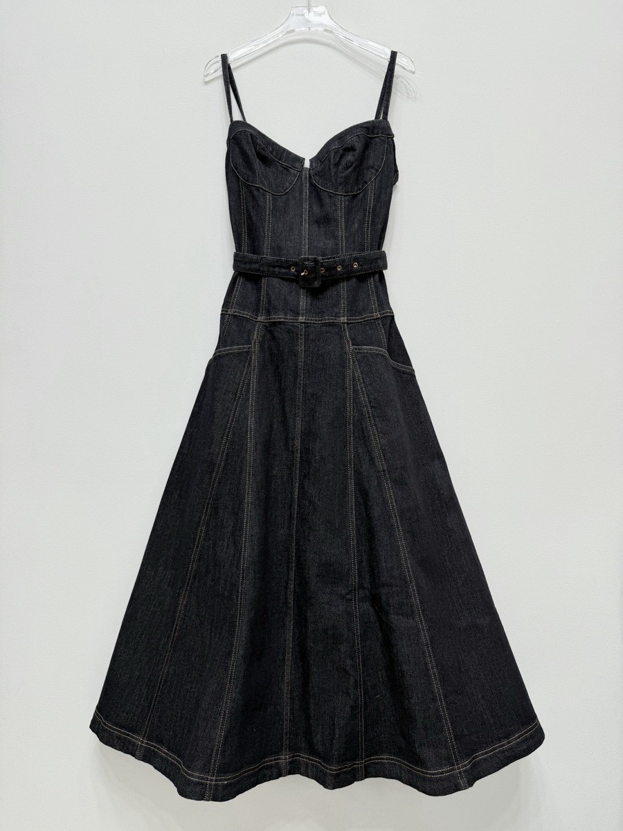 Self-Portrait Dark blue denim dress Pocket Belts Strapless long Dresses