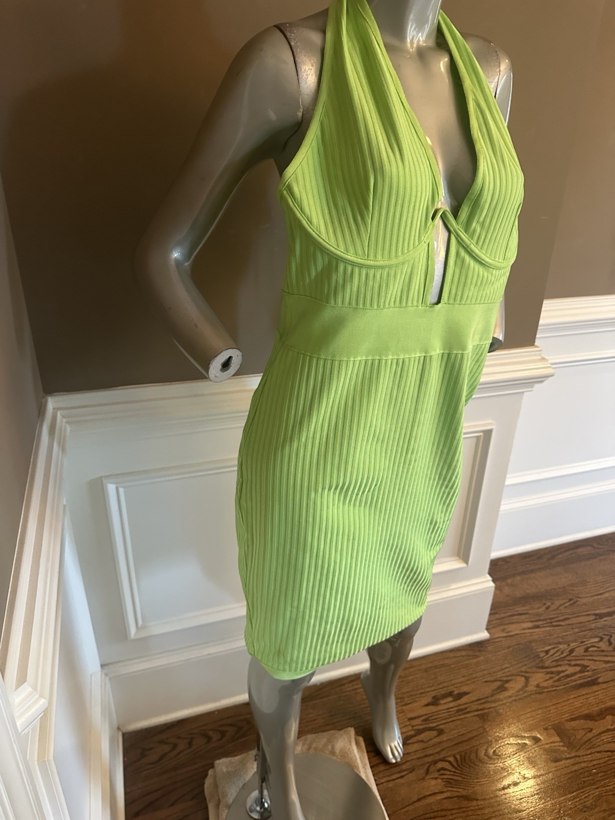 NWT FASGION NOVA Lime Green Plunge Halter Bandage Ribbed Midi Dress Sz XL