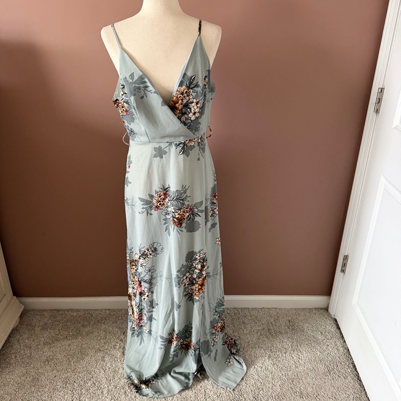 IRIS Light Blue Floral Surplice Neck Maxi Dress with Thigh Slit