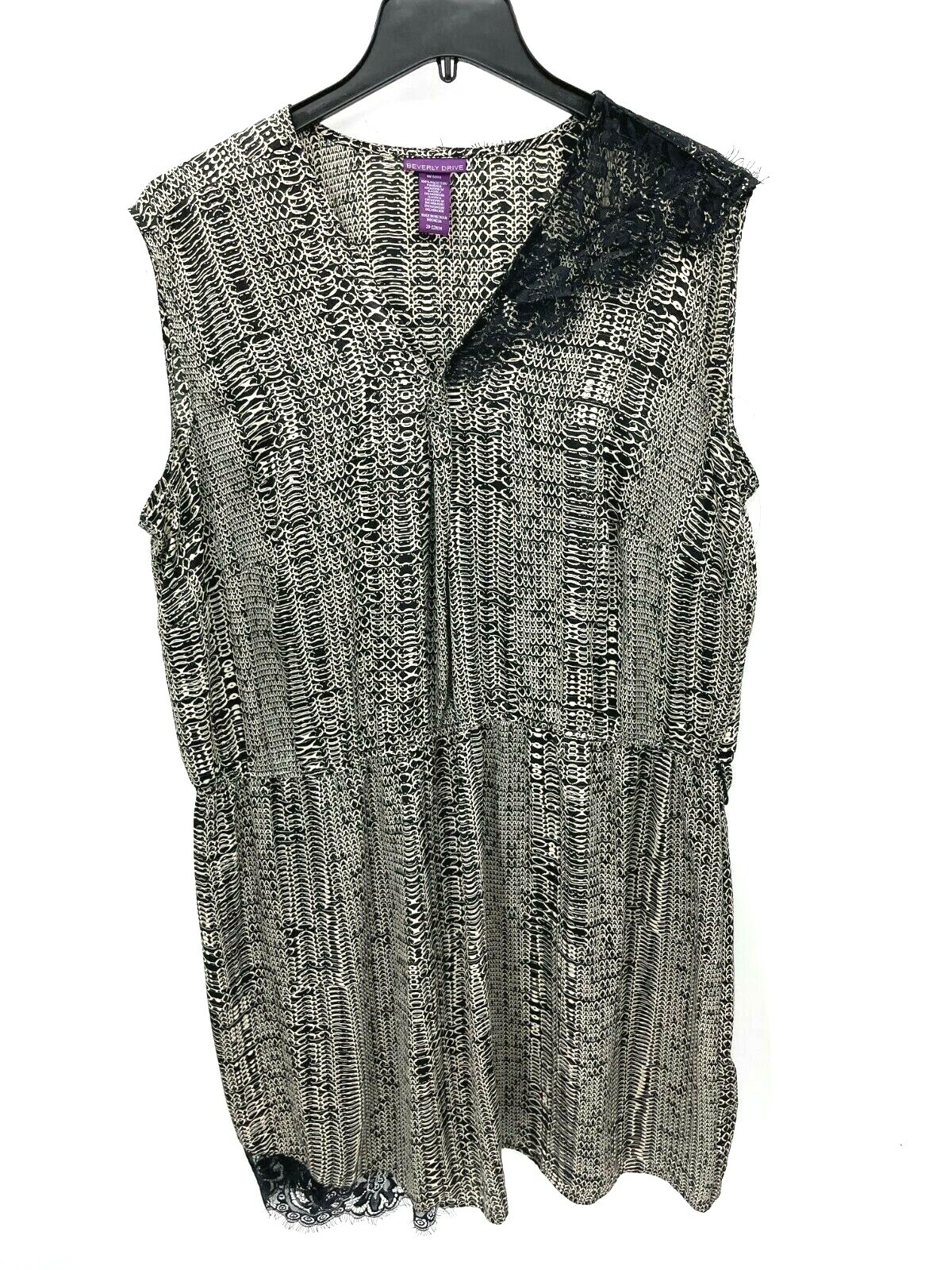 Beverly Drive Dress Womens Plus 20 22 Sleeveless Black Tan Print Lace Trim Artsy