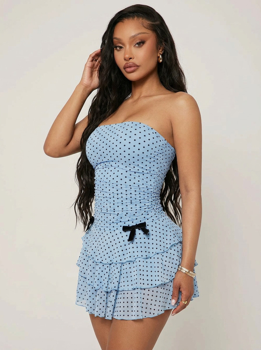 Polka Dot Ruched Ruffle Mini Dress