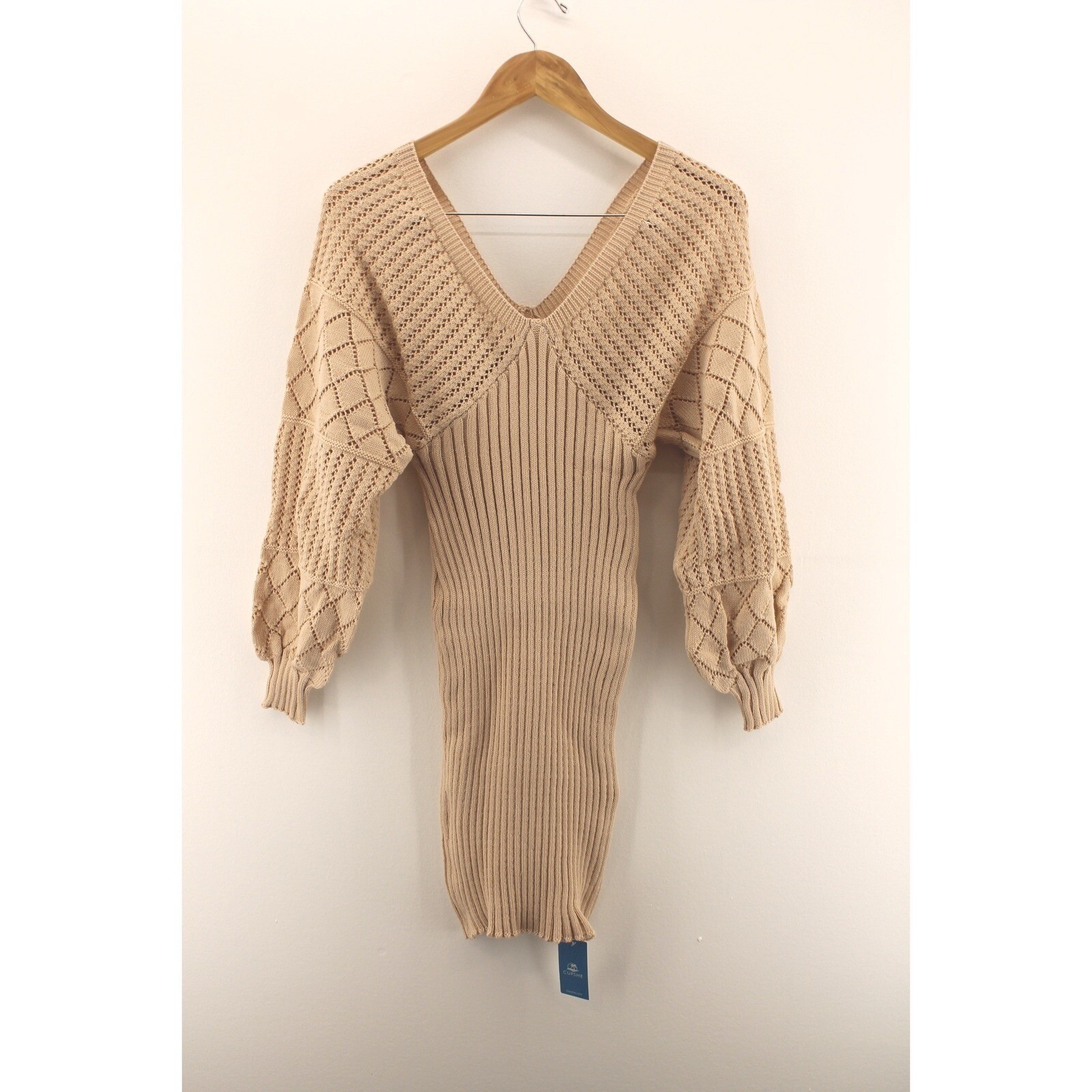 Cupshe Crochet Knit Mini Sweater Dress V-Neck Long Balloon Sleeve Tan XS NEW