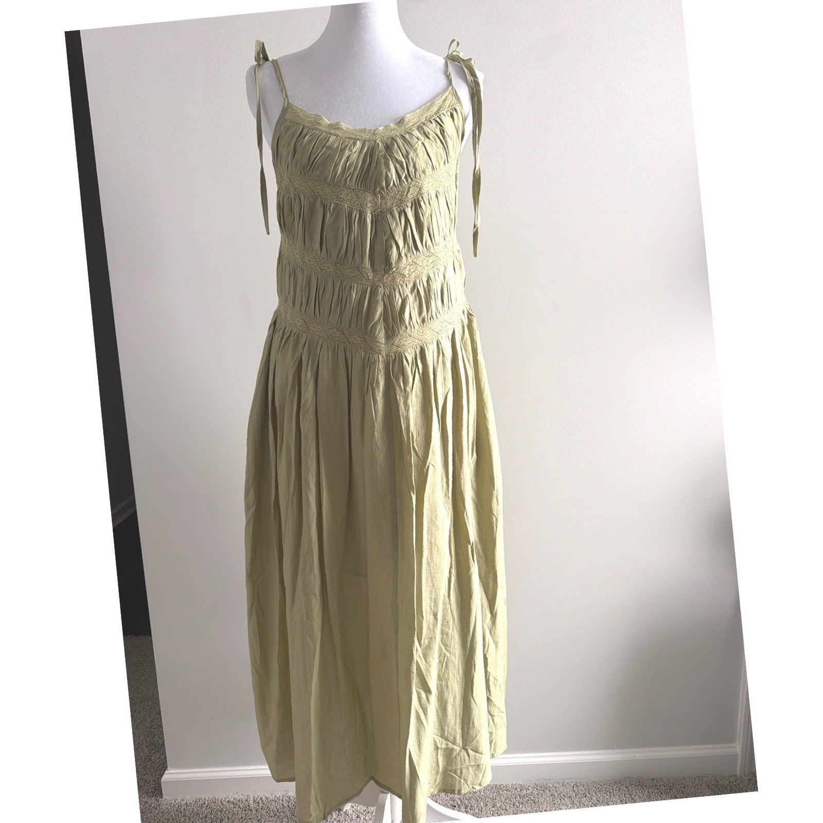 Storia Boho Green Crochet Lace Chevron Tie Strap Pleated Midi Dress Sleeveless S