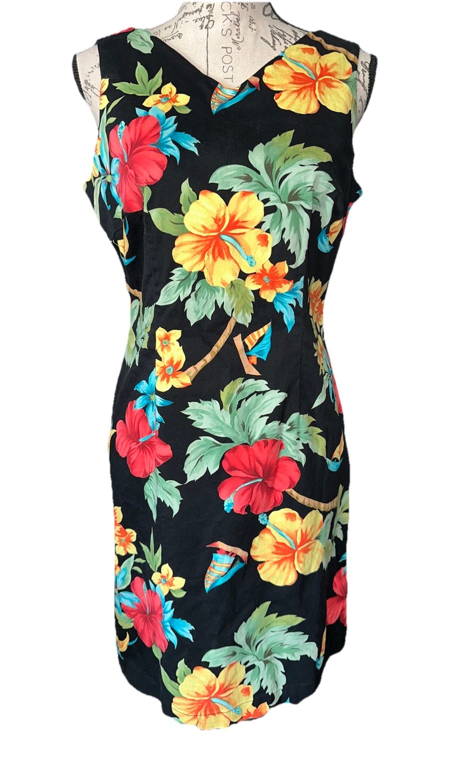 Caribbean Joe Sleeveless Hawaiian Tropical Flowers Leaves Black Dress Size PM
