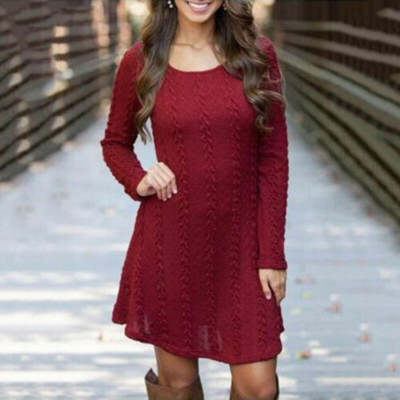 Knitted Sweater Mini Long Sleeve Blouse Women Sweatshirt Dress Tunic Cable