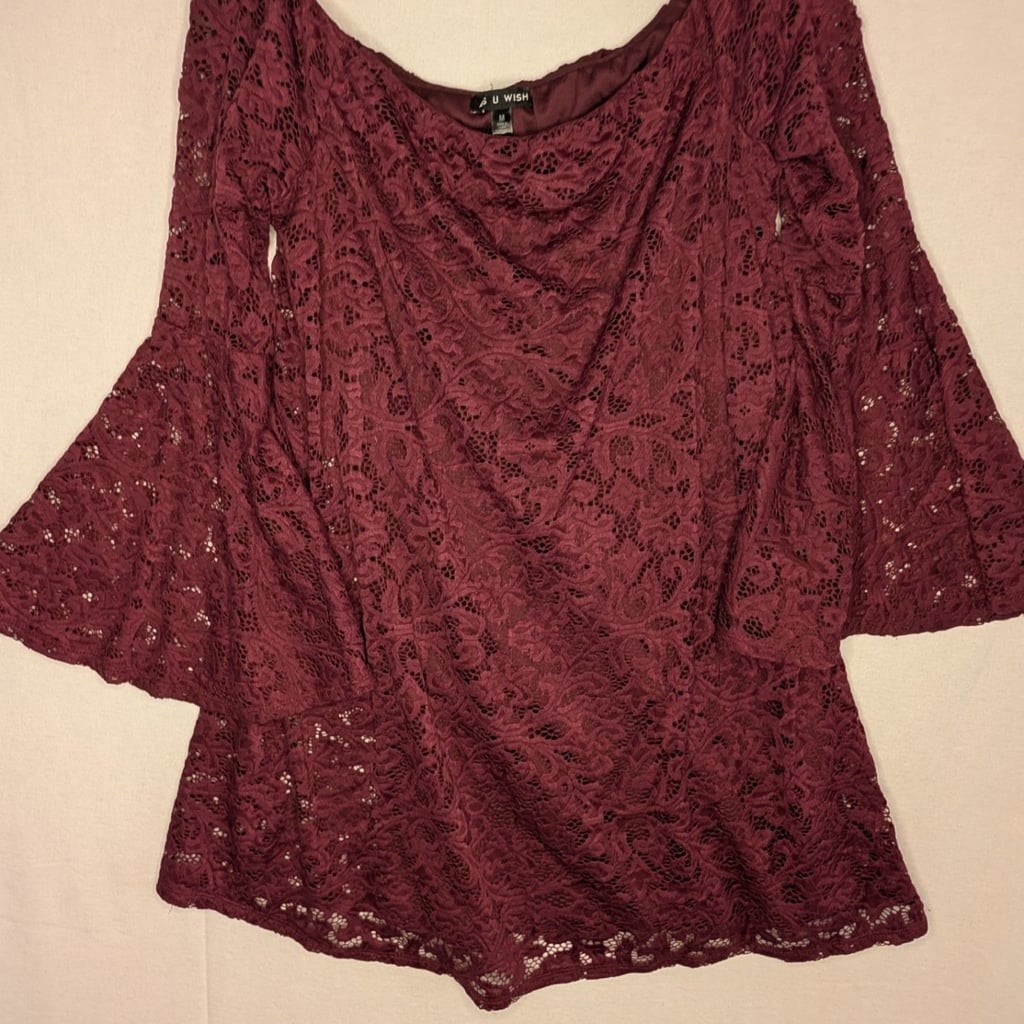 As U Wish Women’s Burgundy Lace Off-The-Shoulder Bell Sleeve Dress