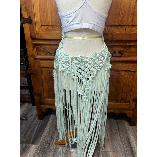 Handmade Macrame Fringe Halter Dress Mint Green Boho Festival Beach Coverup