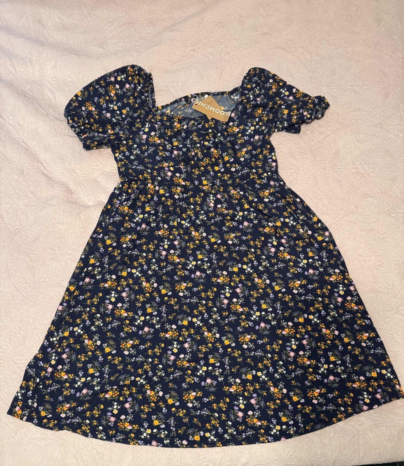 BloomChic Ditsy Floral Ruched Square Neck Puff Sleeve Dress Size 14-16