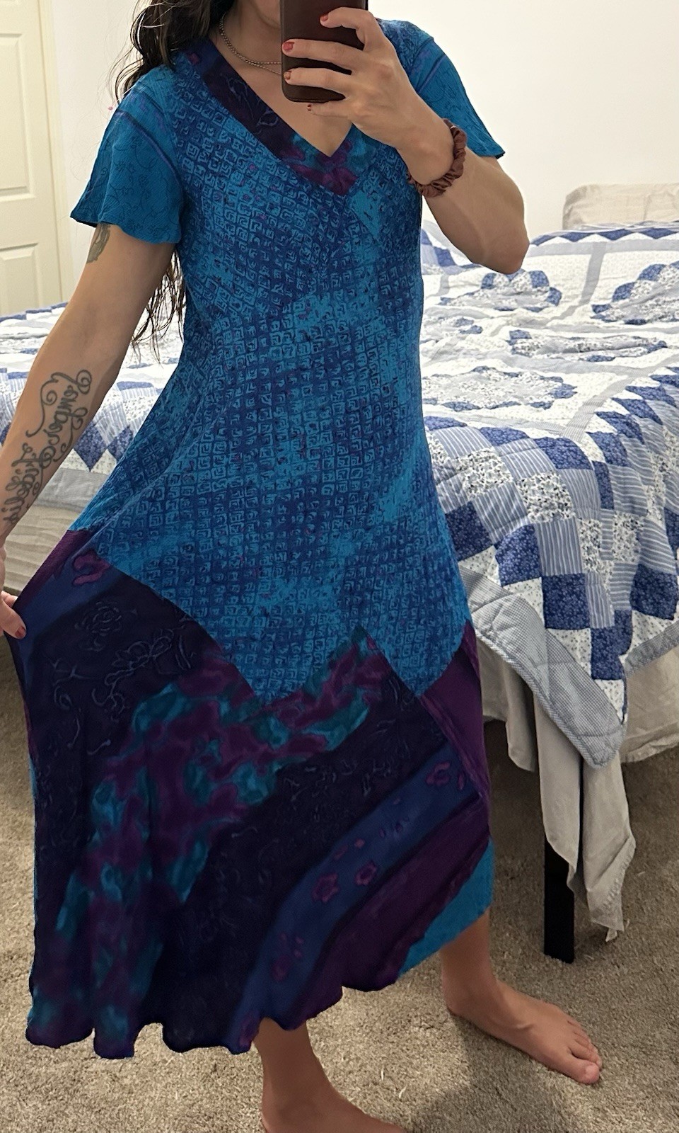 Vintage Carole Little Patchwork Maxi Dress Size 10 Blue Purple Short Sleeve Boho