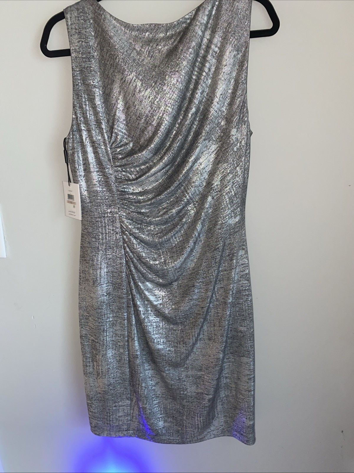 NWT Calvin Klein Silver Metallic Cocktail Dress Sheath Ruched Size 12 MSRP $129