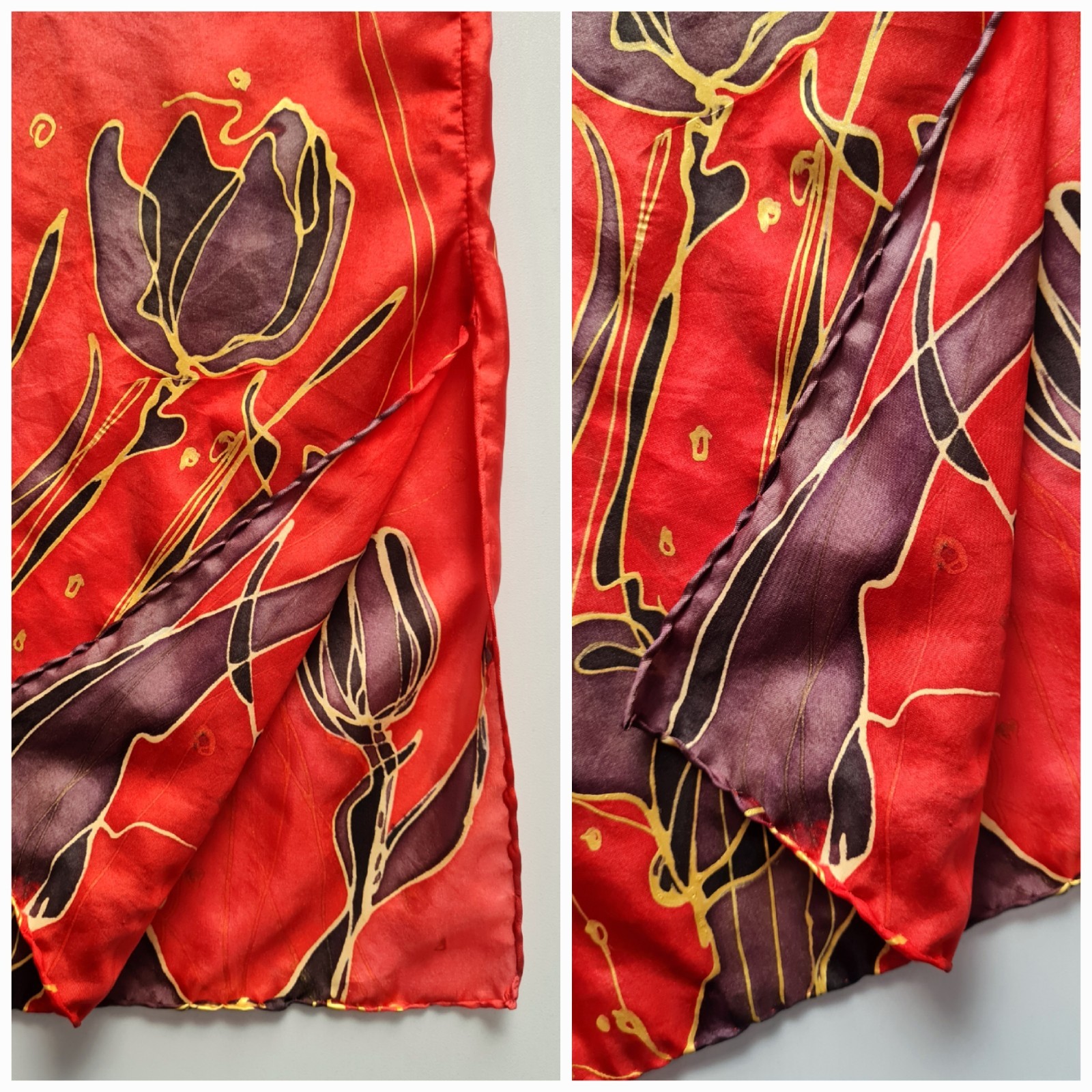 Bespoke Hand Painted Signed Silk Red/Black Tulips Summer Party Dress with Shawl