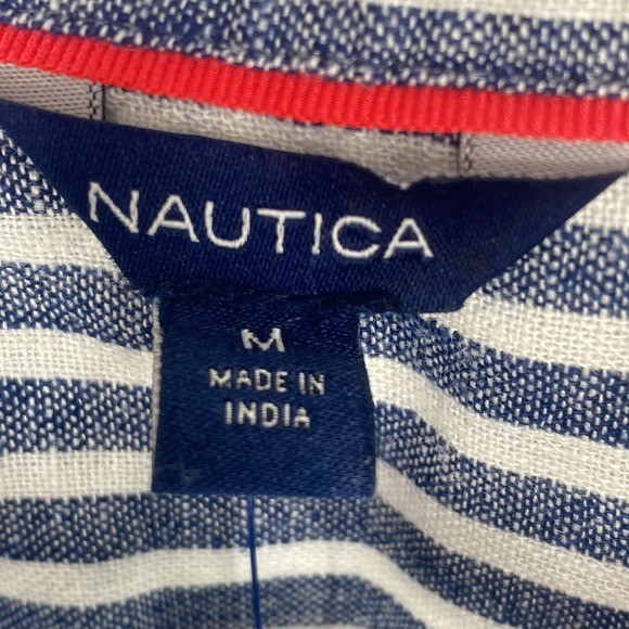 Nautica | Blue & Bright White Stripe Linen-Blend Belted Shirt Dress Medium NWT