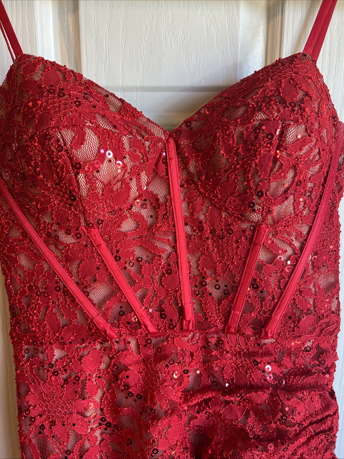 Galina Signature Red Sequin Lace Corset Maxi Dress Slit Prom Formal Gown Size 4