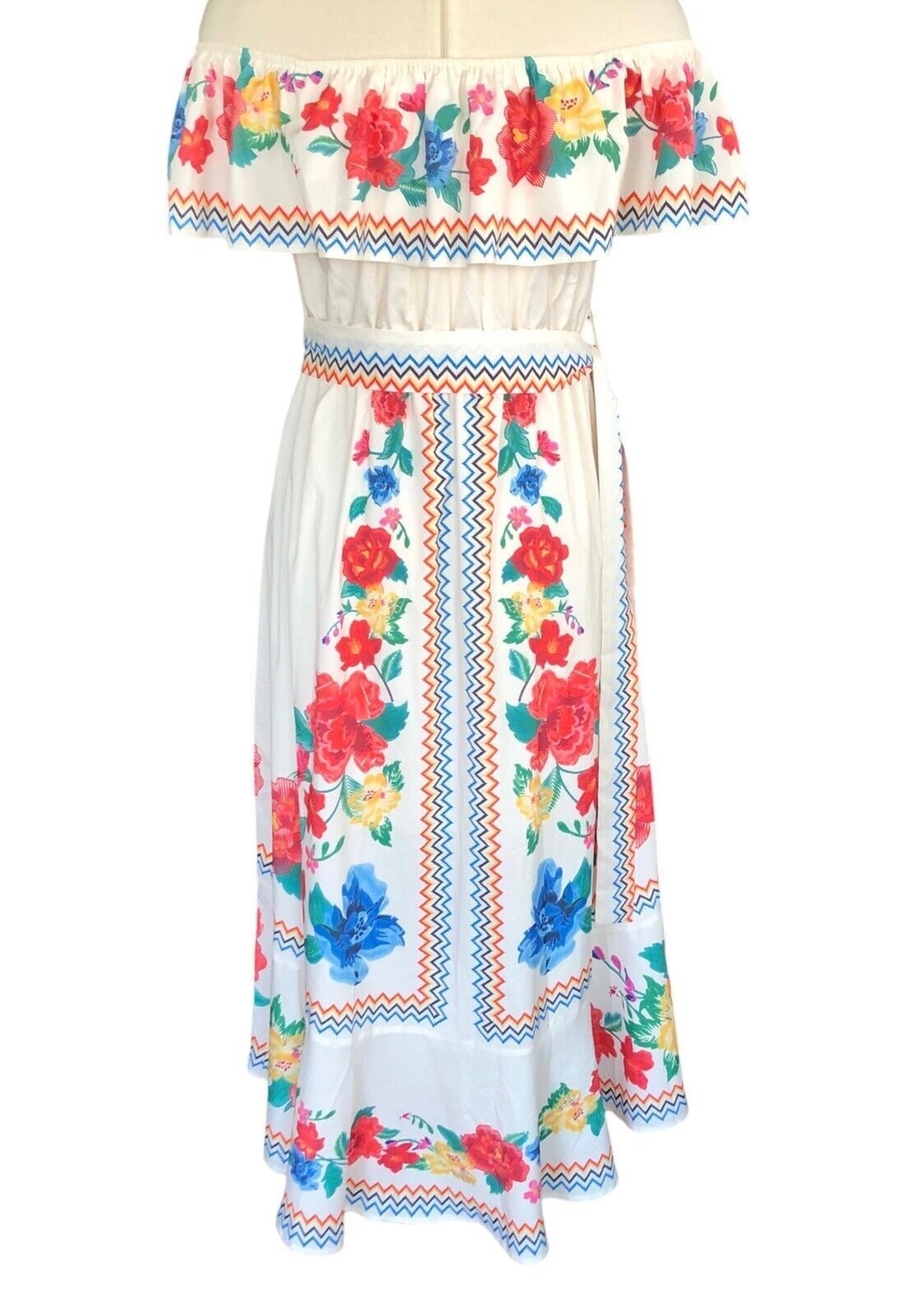 Chicwish Wm XL Sleeveless Off The Shoulder White/Floral Lined Belted Maxi Dress