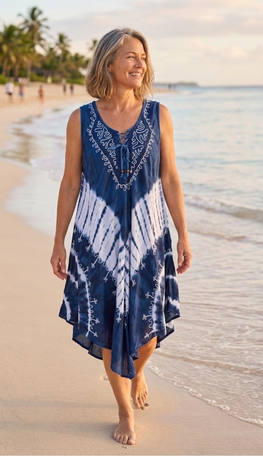 Women’s Tie Dye Boho Navy Blue Embroidered Sundress ONE SIZE Casual Beach Dress