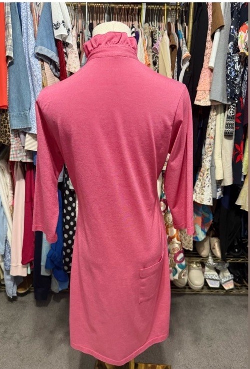 Peter Millar Pink Ruffle Collar Button Shirt Dress 3/4 Sleeve Knee Length Size S