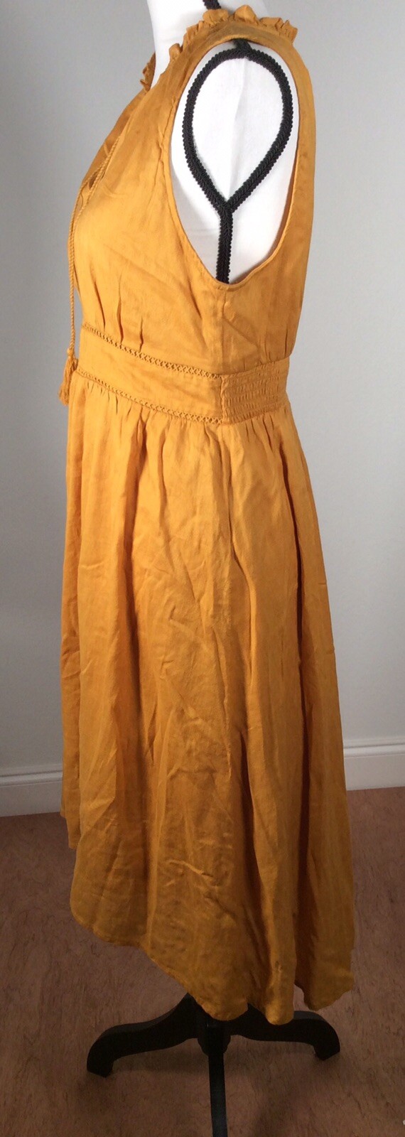 Old Navy DRESS MEDIUM P Waist-defined Ruffled Tie-Neck Gold Hi-Low Midi – NEW