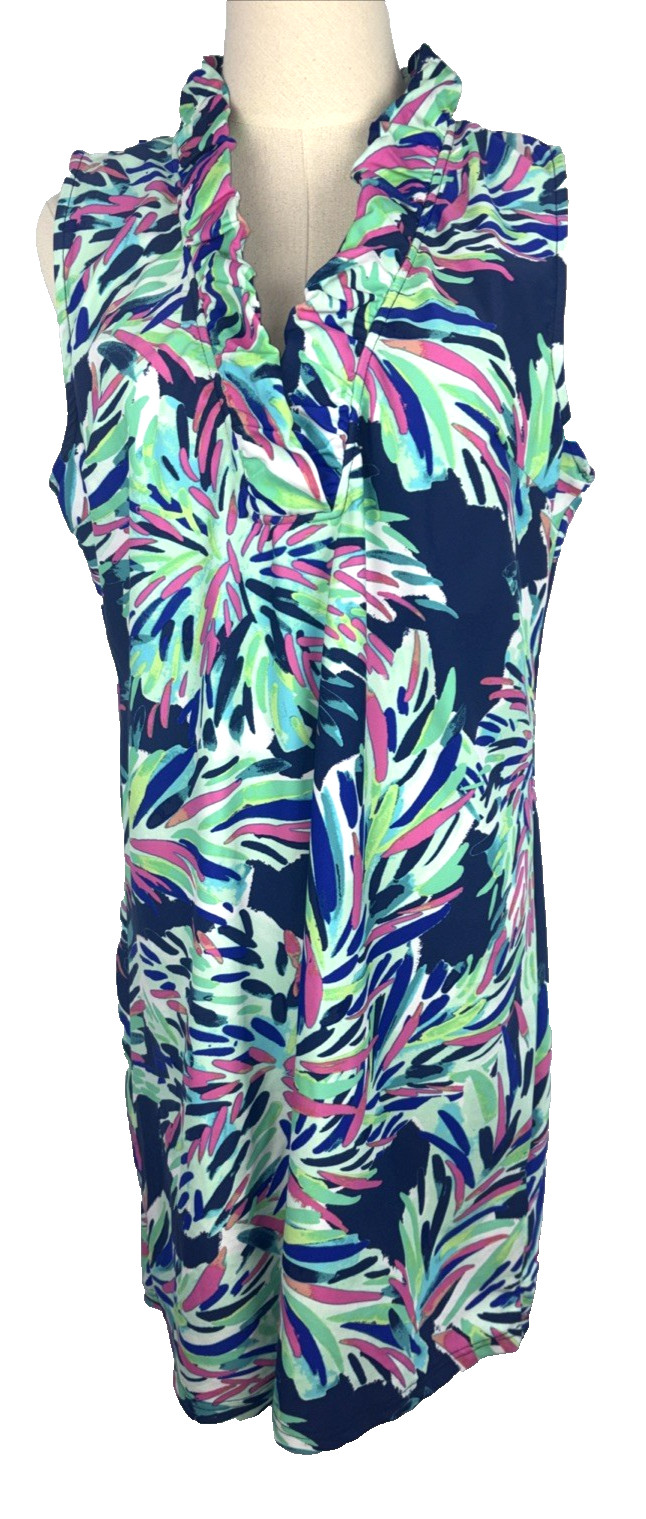 Aryeh Dress Ruffle Neck Size XL Knee Length Sleeveless Dress Multicolor V Neck