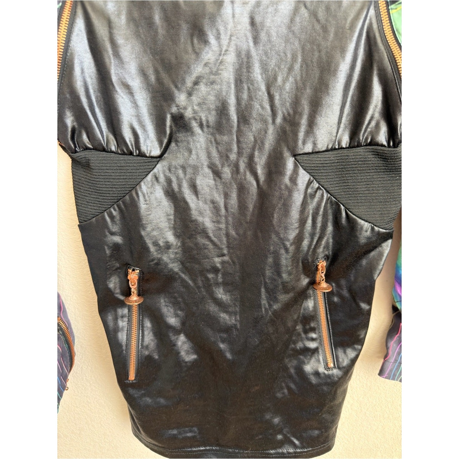 Topshop Unique Faux Leather Silk Sleeve Mini Dress UK 6 US 2 Zip Goth Punk Flaws