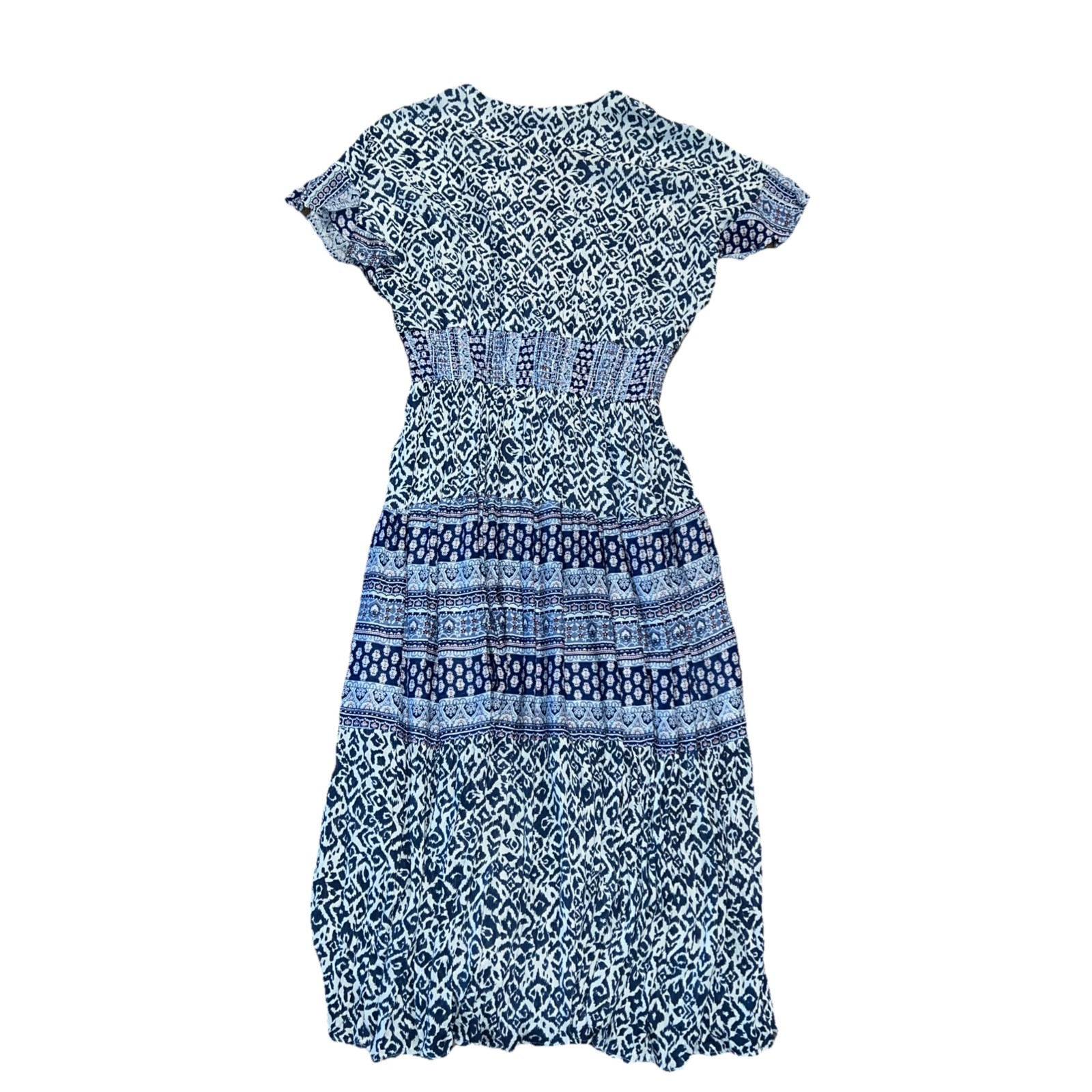 J Gee Navy Blue/White Boho Multi Teared Flutter Short Sleeve Gauzy Peasant Dress