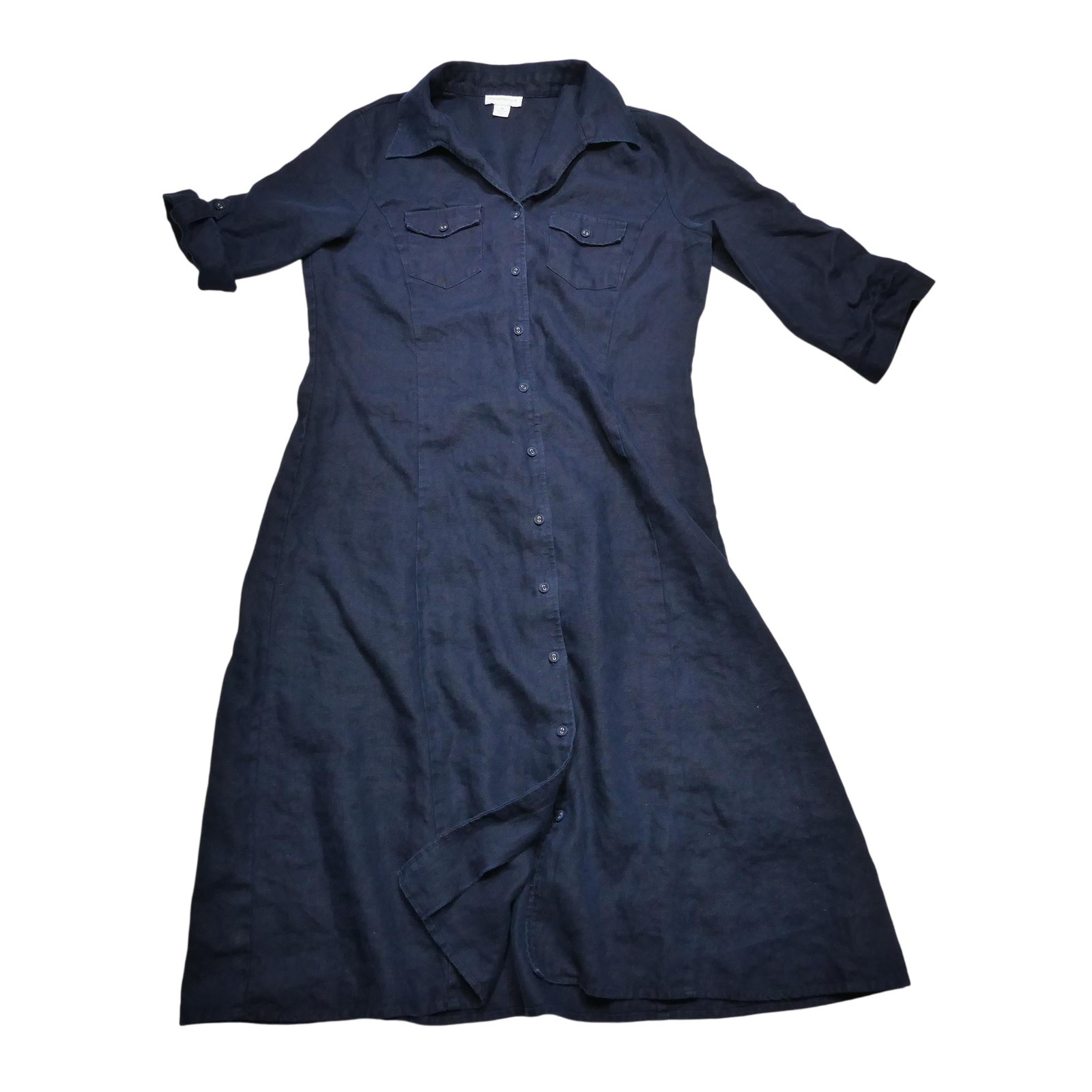 Charter Club Shirt Dress Womens 14 Navy Blue Linen Button Front Roll Tab Sleeves