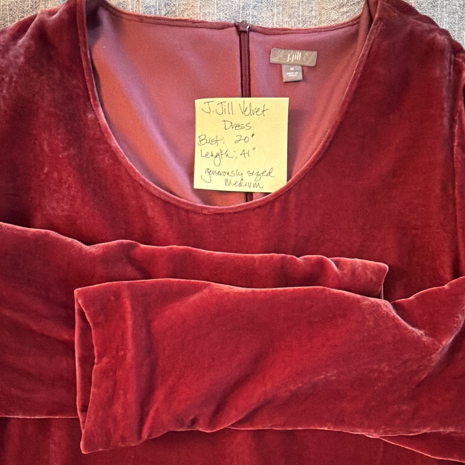 J. Jill Raspberry Velour Scoop Neck 3/4 Sleeve Lined Zip Knee Dress Size M