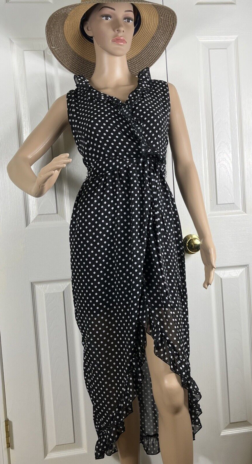 Womans Polka Dot Black Midi Dress Sz Small Ruffle V Neck Side Tie