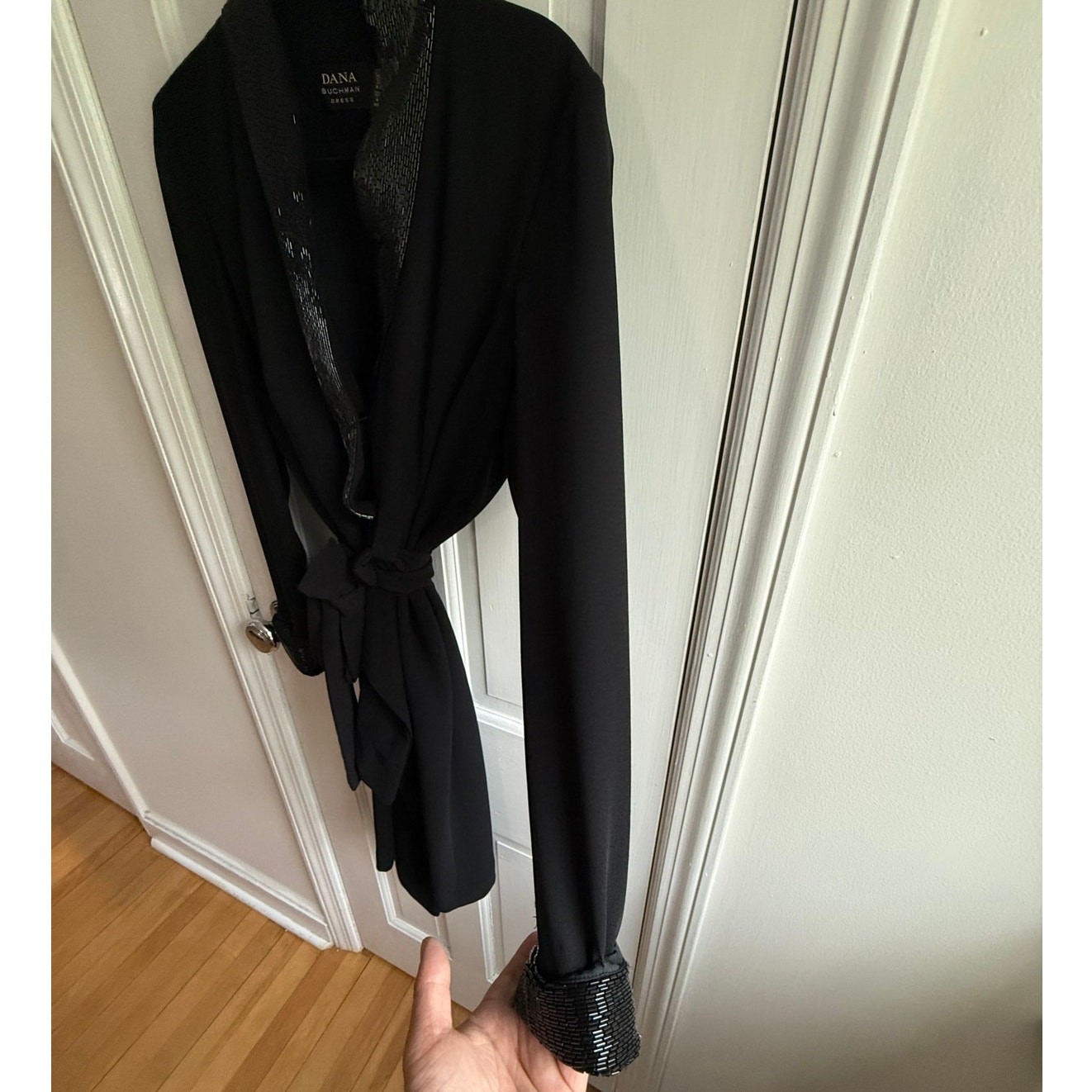 Dana Buchman Black Wrap Dress Size 4 NWT Sequin Collar & Cuffs Evening Cocktail