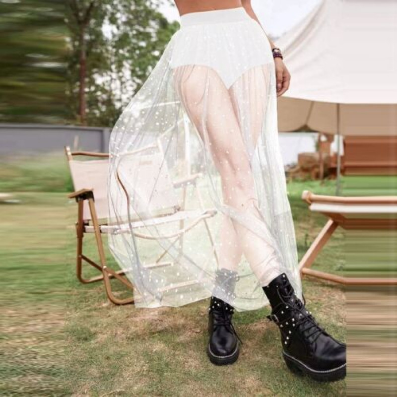 Womens Nightclub Sexy Perspective Pleated Lace Wrap Hip Mesh High Waist Skirt