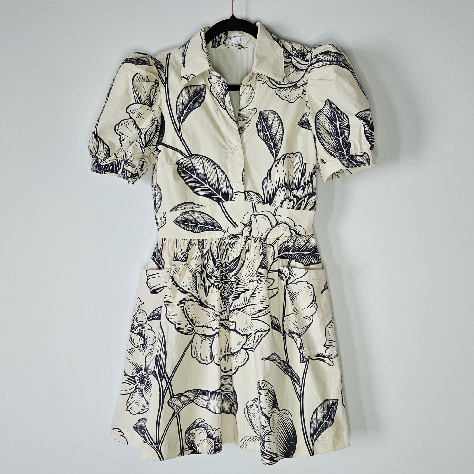 TCEC Ivory/Navy Floral Collared Puff Sleeve Shirt Dress Pockets S