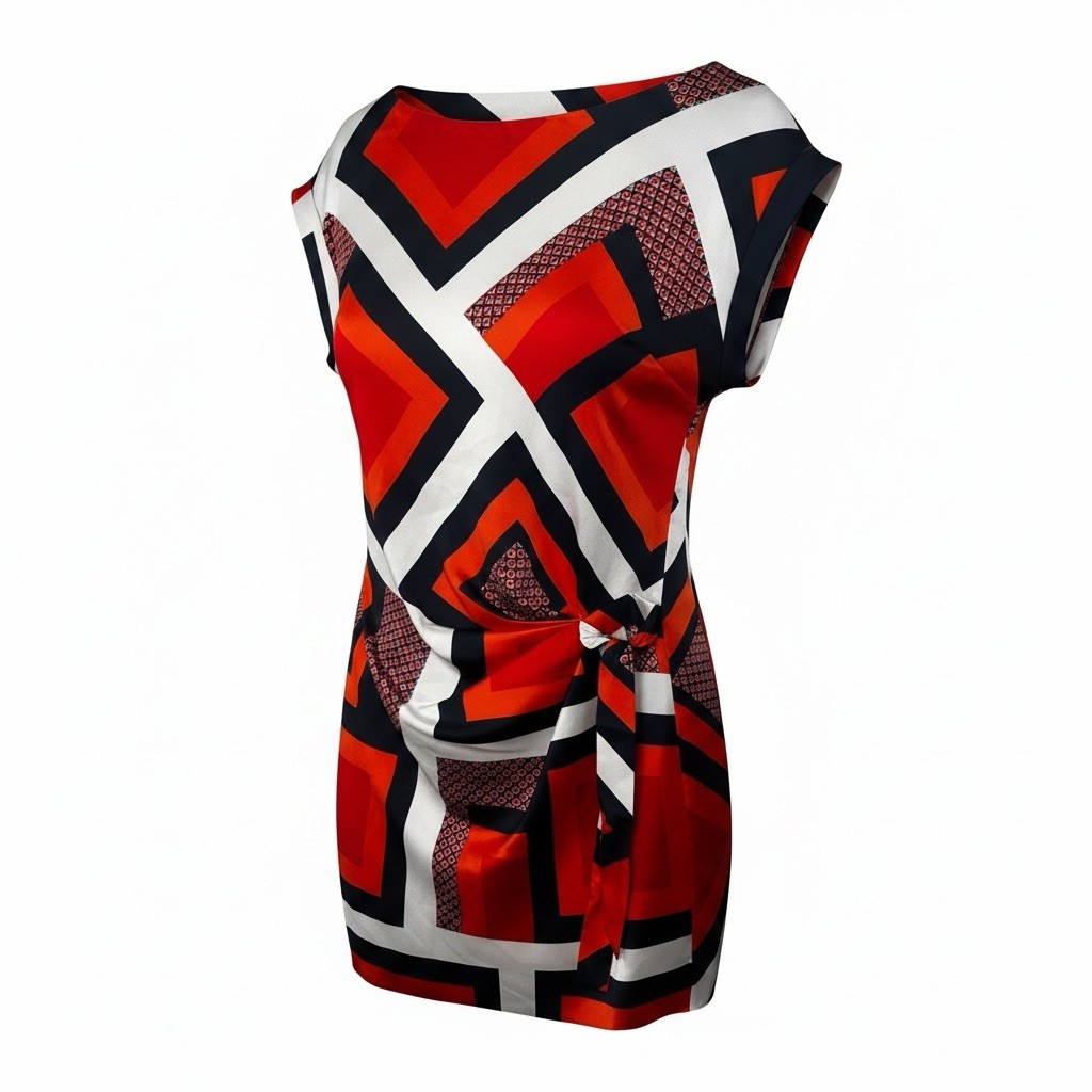 Ann Taylor Red/Orange Geometric Boat Neck Cap Sleeve Sheath Tie Waist M