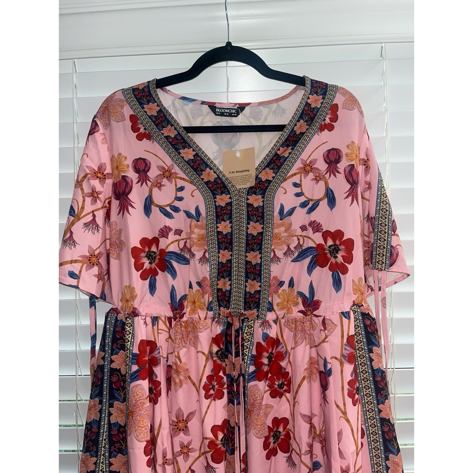 BloomChic Boho Print V Neck Drawstring Dress NWT